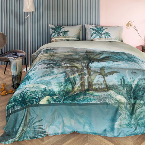 Bedding House Canopy Blue Green Cotton Sateen Quilt Cover Set Queen - Botanical Print - SuperSaverAU - view 1
