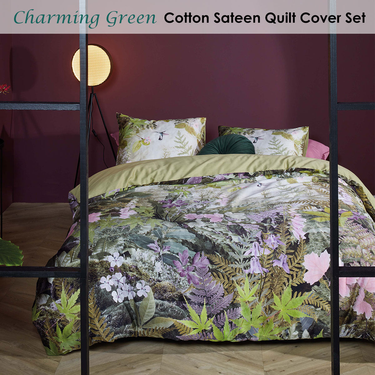 Bedding House Charming Green Cotton Sateen Quilt Cover Set Queen - Floral Design - SuperSaverAU - view 2