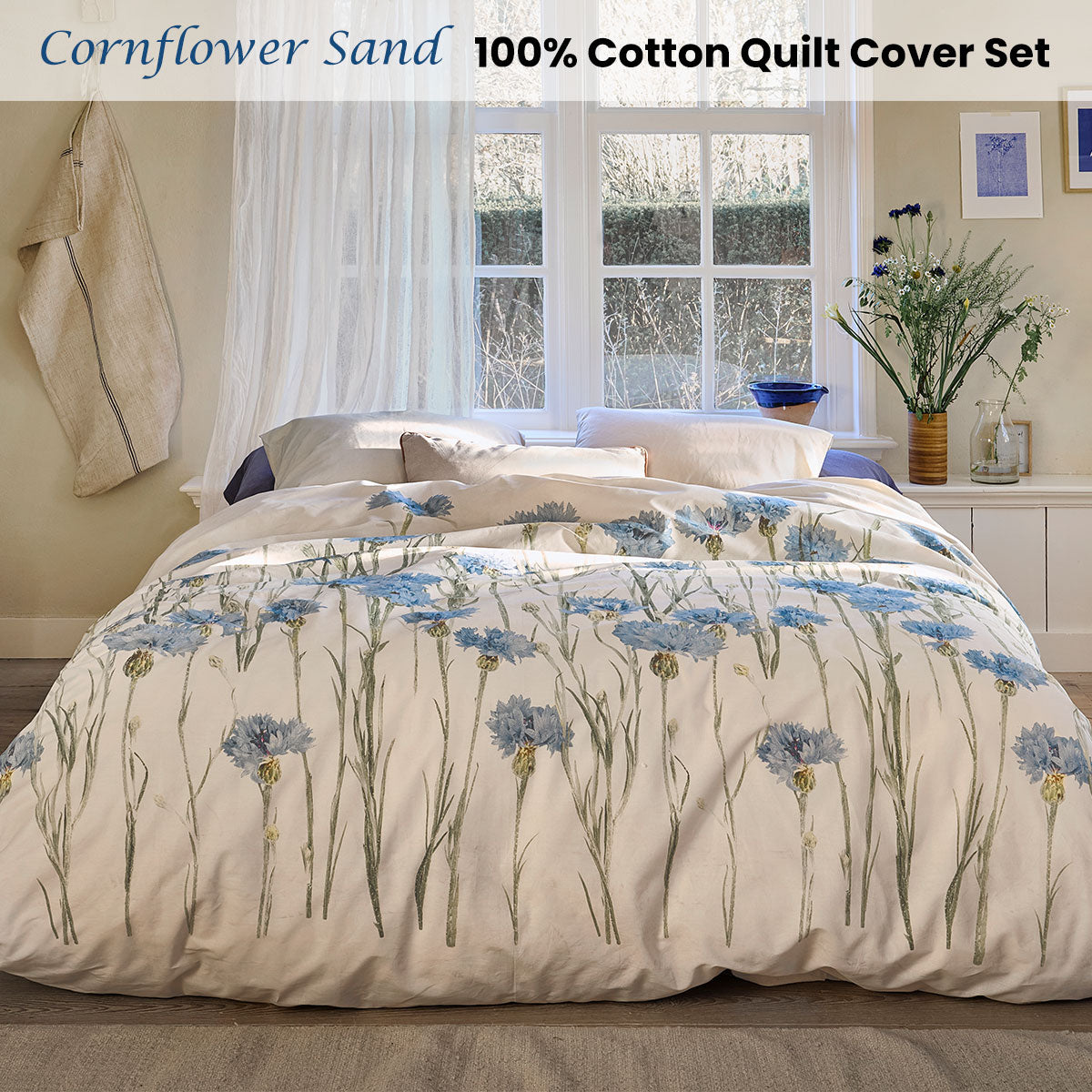 Bedding House Cornflower Sand Queen Cotton Percale Quilt Cover Set - Floral - SuperSaverAU - view 2