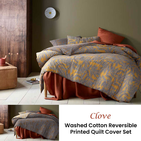 Accessorize Clove Washed Cotton Printed Reversible Quilt Cover Set Queen - Foliage Print, 100% Cotton - SuperSaverAU - view 1
