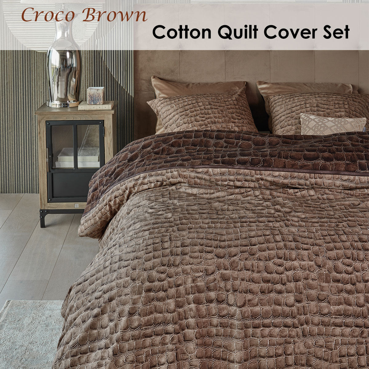 Riviera Maison Croco Brown Cotton Quilt Cover Set King - Crocodile Skin Print, 144 TC - SuperSaverAU - view 1