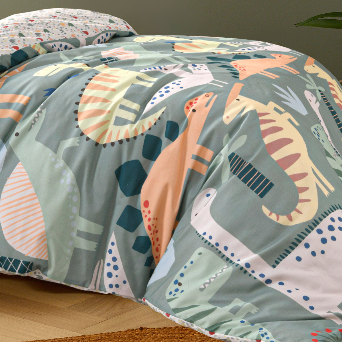 Happy Kids Dino Mania Cotton Quilt Cover Set - Green, Single