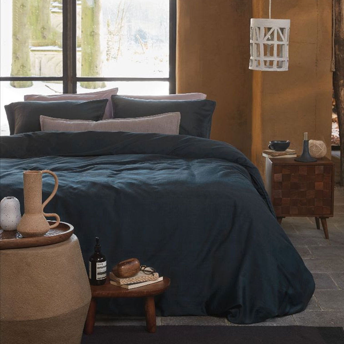 VTWonen Earth Dark Blue Quilt Cover Set King - 100% Cotton, Solid Colour Design - SuperSaverAU - view 1