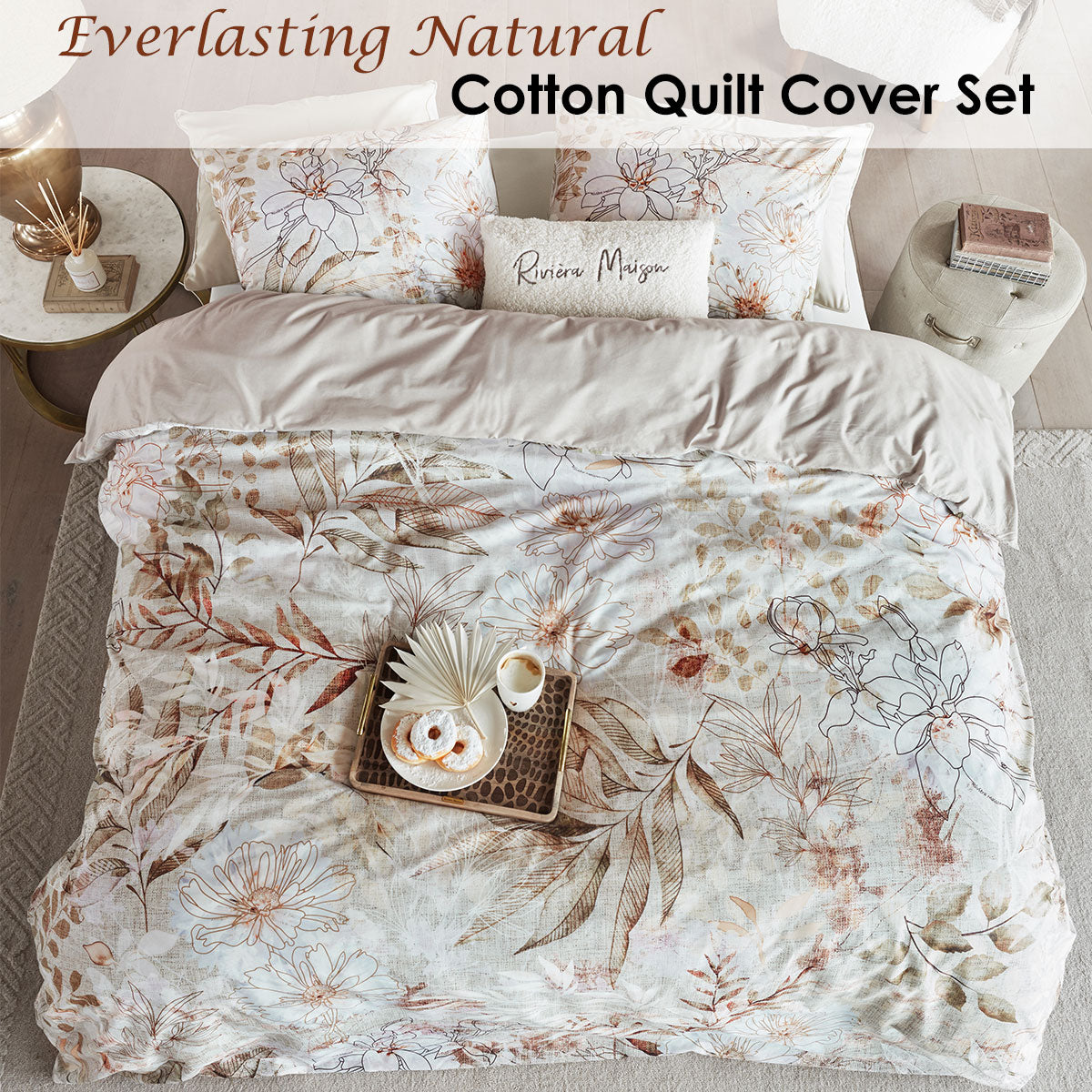 Riviera Maison Everlasting Natural Cotton Quilt Cover Set King - Leaves/Flowers Print - SuperSaverAU - view 2