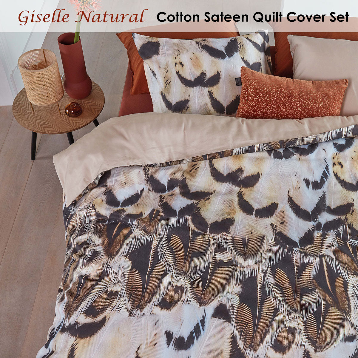 Bedding House Giselle Natural Cotton Sateen Quilt Cover Set Queen - Feathers Print, 220 TC - SuperSaverAU - view 2