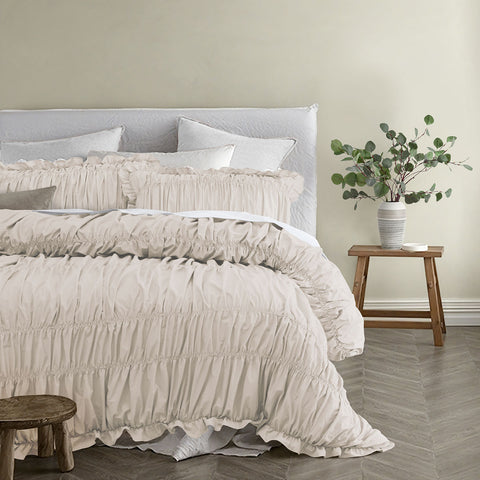 Vintage Design Haven Natural Washed Cotton Ruched Quilt Cover Set Queen - SuperSaverAU - view 1