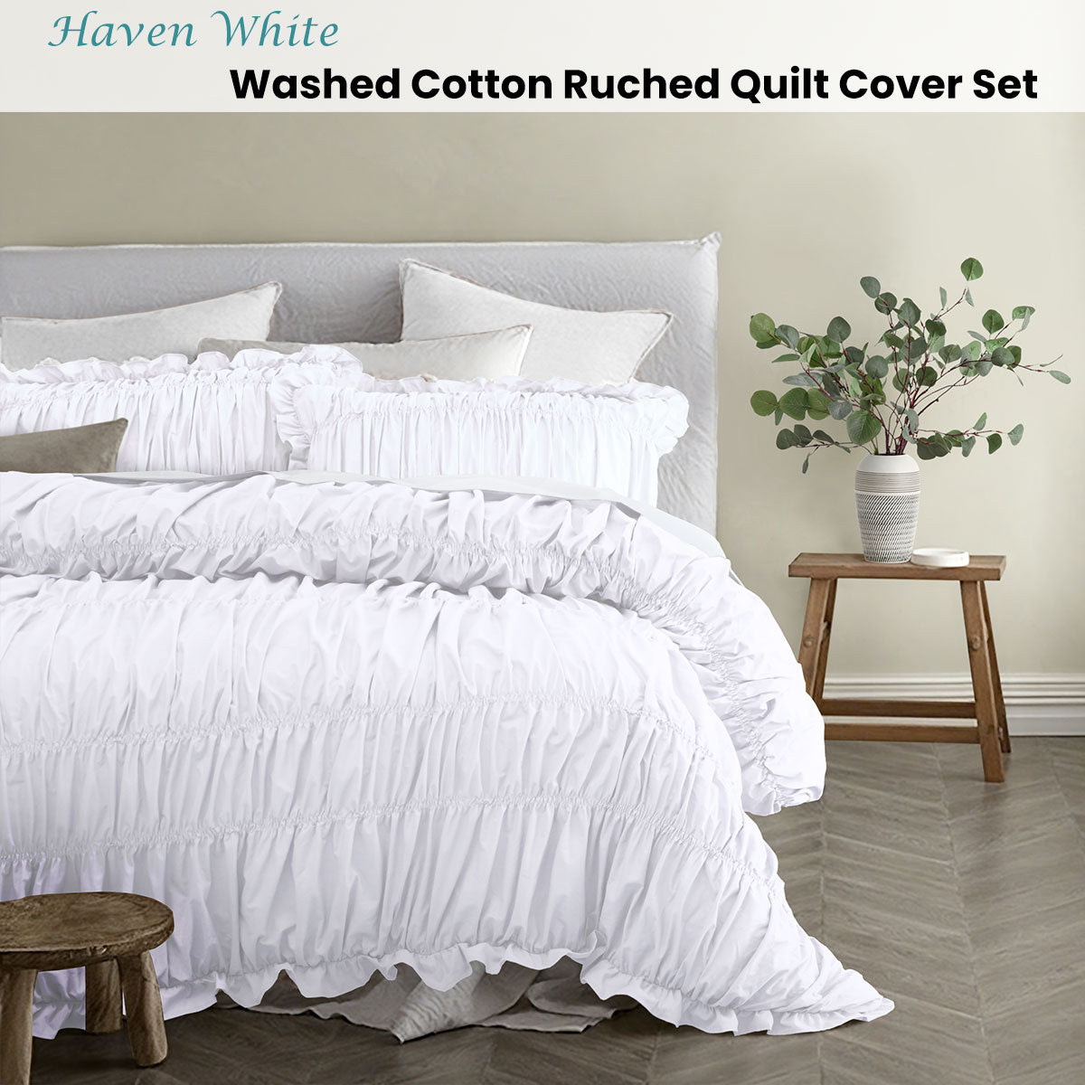 Vintage Design Haven White Washed Cotton Ruched Quilt Cover Set Double - SuperSaverAU - view 2