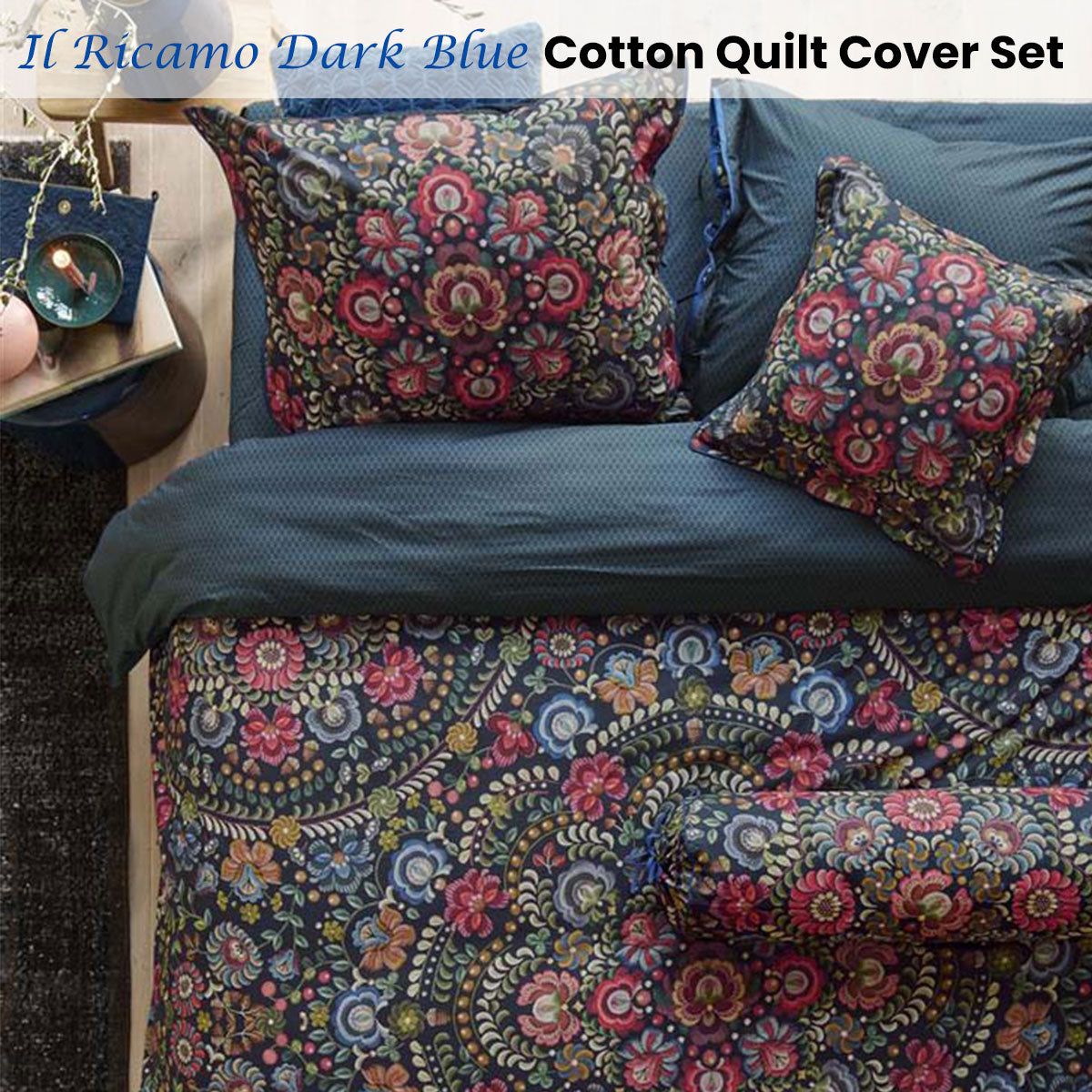 PIP Studio Il Ricamo Dark Blue Floral Quilt Cover Set Queen - 100% Cotton - SuperSaverAU - view 1