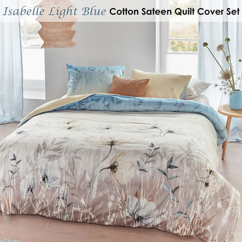 Bedding House Isabelle Light Blue Cotton Sateen Quilt Cover Set King - Floral Print, 220 TC - SuperSaverAU - view 1
