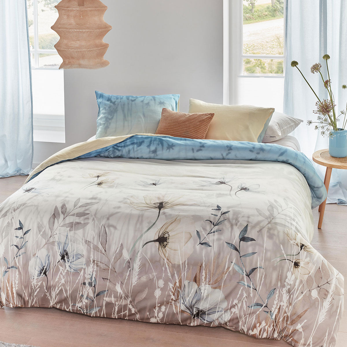 Bedding House Isabelle Light Blue Cotton Sateen Quilt Cover Set Queen - Floral Print, 220 TC - SuperSaverAU - view 1