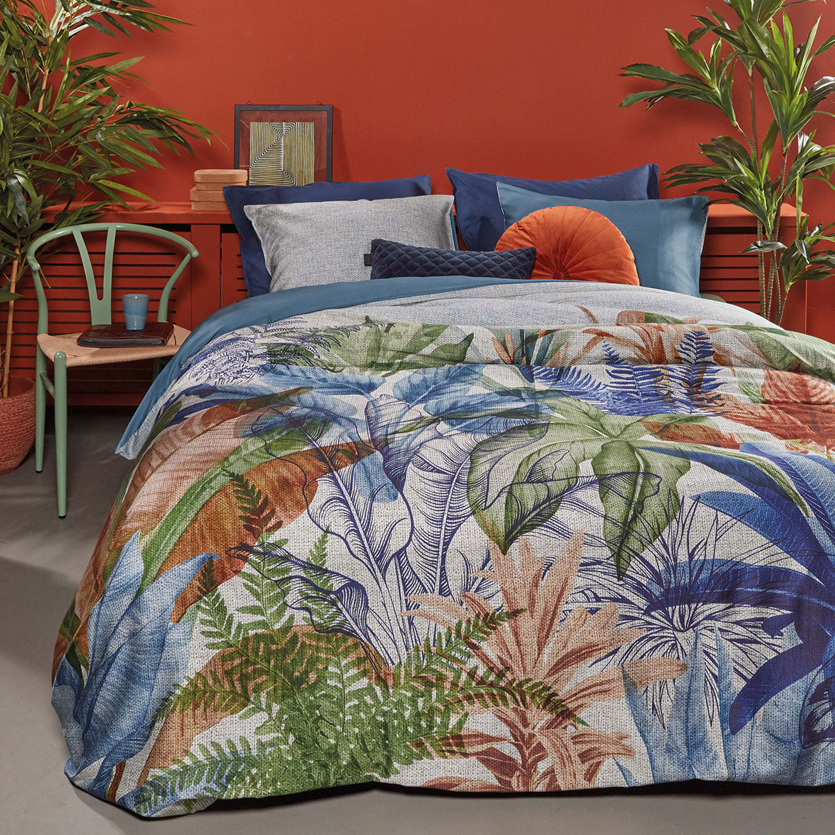 Bedding House Isla Blue Cotton Sateen Quilt Cover Set King - Foliage Print, 220 TC - SuperSaverAU - view 1