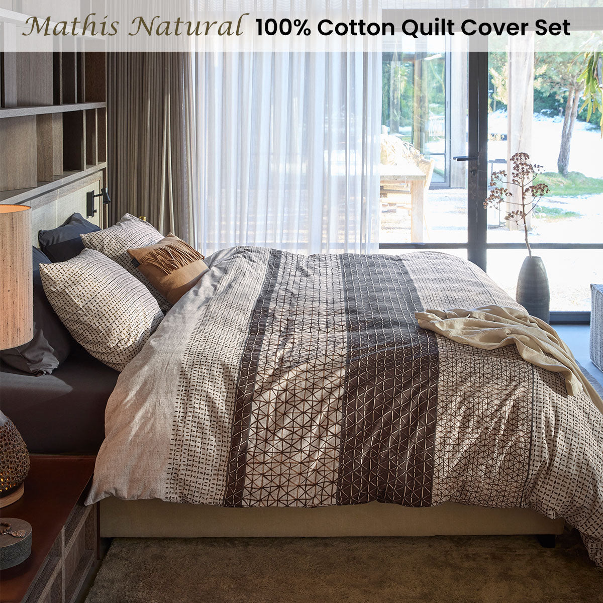 Bedding House Mathis Cotton Geometric Quilt Cover Set 144TC - Natural, Queen