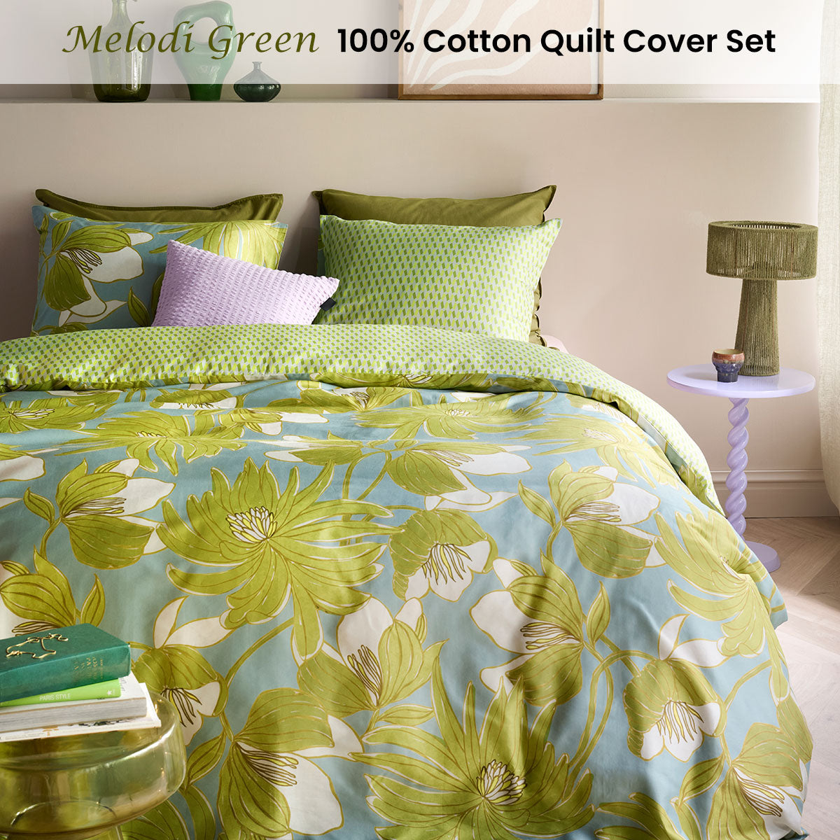 Oilily Melodi Cotton Sateen Floral Quilt Cover Set 200TC - Green, Queen