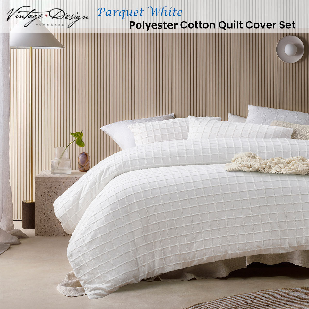 Vintage Design Homewares Parquet White Quilt Cover Set King - Polyester Cotton, Grid Pattern - SuperSaverAU - view 2