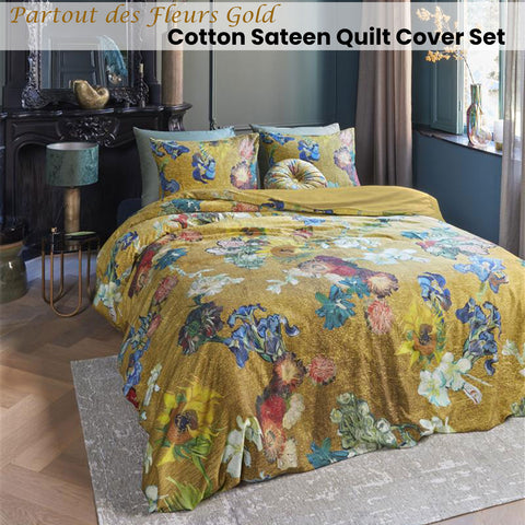 Bedding House Van Gogh Floral Quilt Cover Set Gold Cotton Sateen Queen - SuperSaverAU - view 1