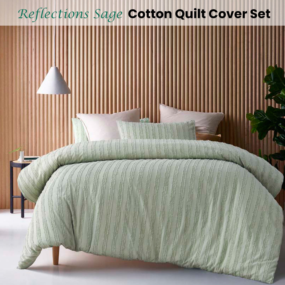 Vintage Design Homewares Reflections Sage Cotton Quilt Cover Set Queen - Chenille Stripes - SuperSaverAU - view 1