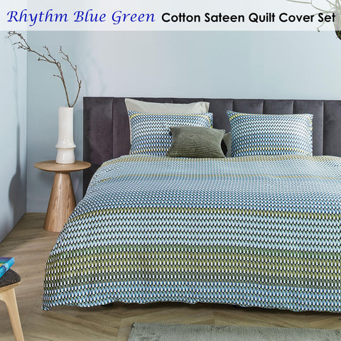 Bedding House Rhythm Blue Green Cotton Sateen Quilt Cover Set Queen - Geometric Print, 220 TC - SuperSaverAU - view 1