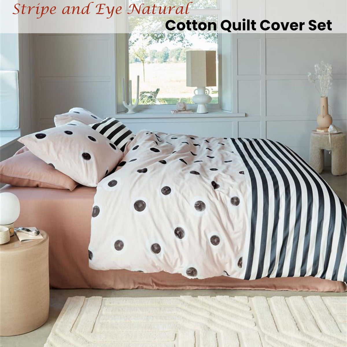 VTWonen Stripe and Eye Natural Cotton Quilt Cover Set Queen - Dots & Stripes Design - SuperSaverAU - view 2