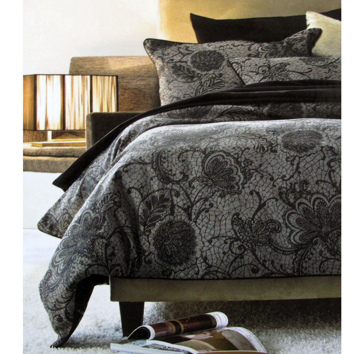 Accessorize Trudie Black Jacquard Quilt Cover Set Single, Floral Design, 140 x 210 cm - SuperSaverAU - view 1