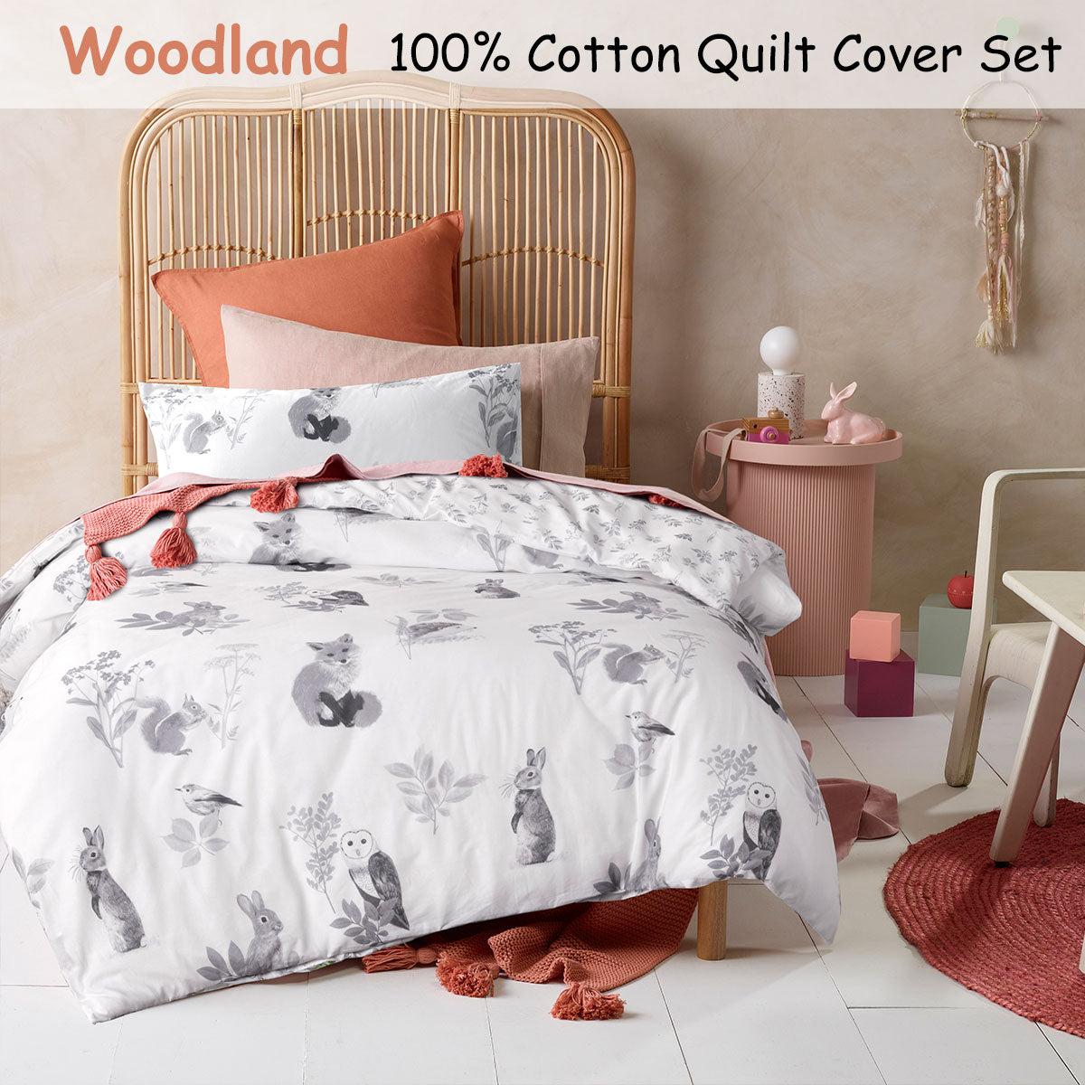 Happy Kids Woodland Cotton Quilt Cover Set - White, Double