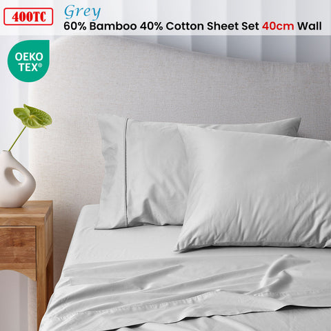 Accessorize 400TC Grey Bamboo Cotton Sheet Set 40cm Wall King Single - SuperSaverAU - view 1