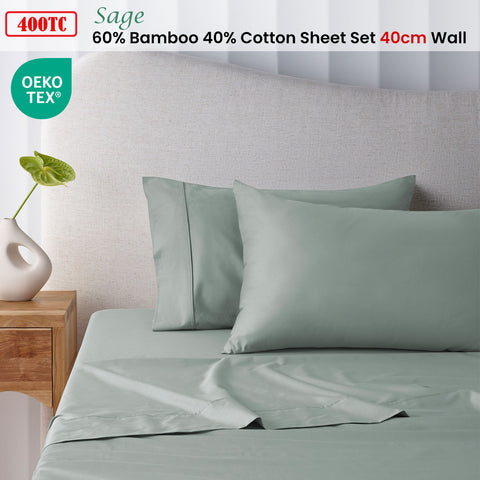 Accessorize 400TC Sage Bamboo Cotton Sheet Set 40cm Wall King Single - Hypoallergenic, Soft Finish - SuperSaverAU - view 1