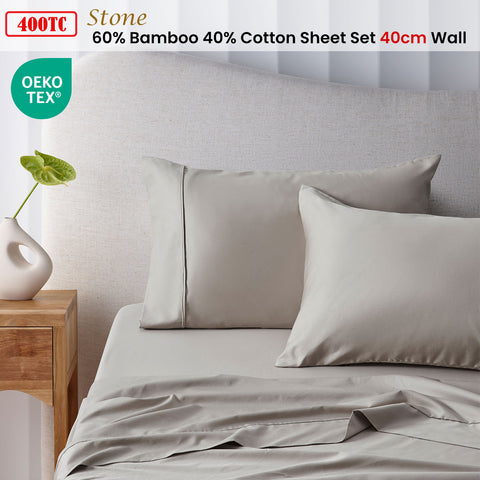 Accessorize 400TC Stone Bamboo Cotton Sheet Set 40cm Wall - Single, Hypoallergenic - SuperSaverAU - view 1