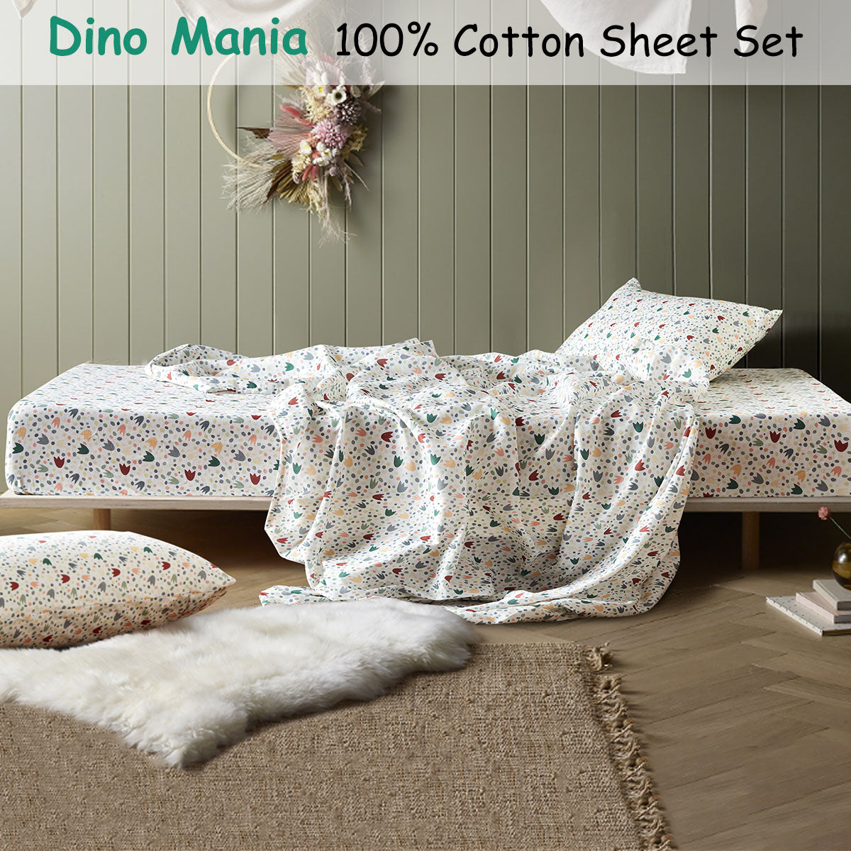 Happy Kids Dino Mania Cotton Sheet Set - Green, Double