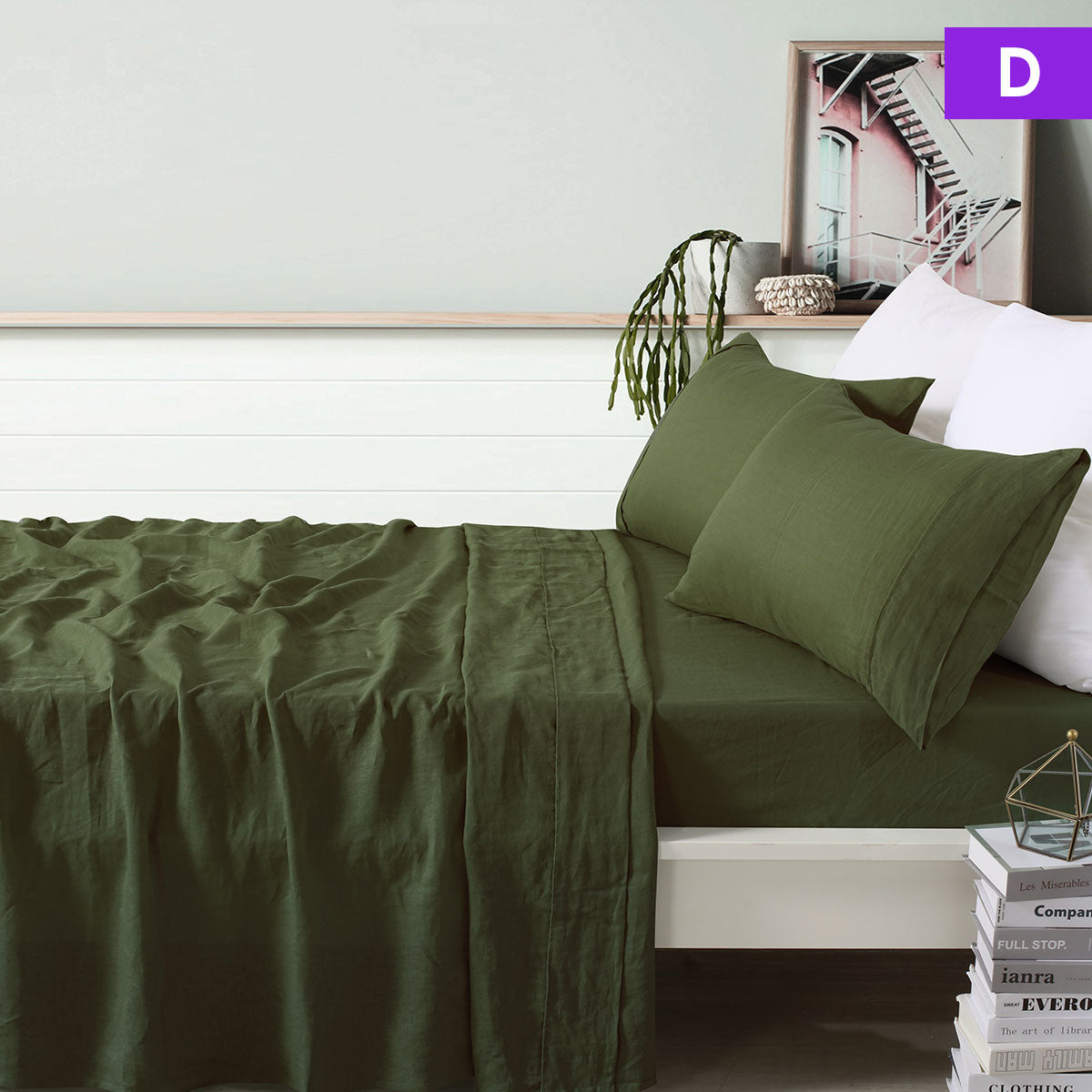 Vintage Design Homewares 100% Linen Sheet Set - Olive, Double