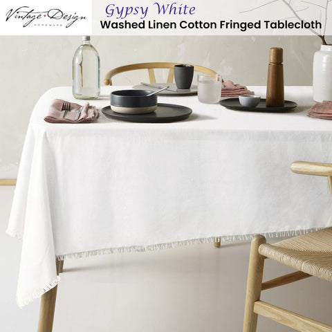 Vintage Design Homewares Gypsy White Fringed Washed Linen Cotton Tablecloth 150cm x 230cm - SuperSaverAU - view 1