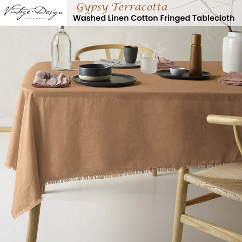 Vintage Design Homewares Gypsy Terracotta Tablecloth 150cm x 275cm with Fringe - SuperSaverAU - view 1