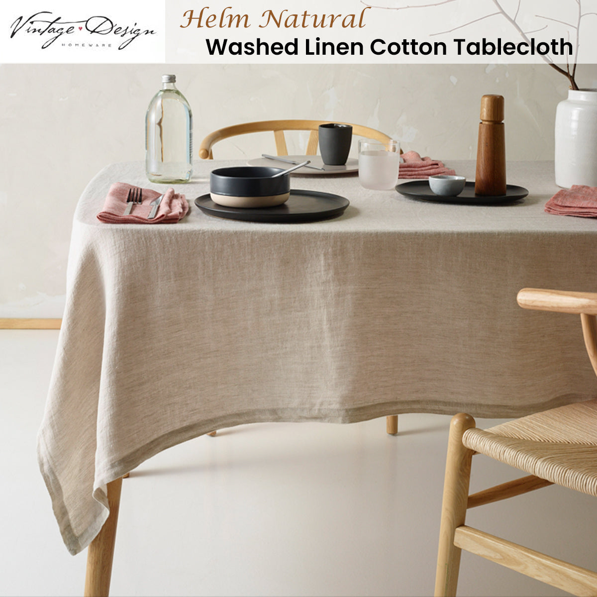 Vintage Design Homewares Helm Natural Washed Linen Cotton Tablecloth 150cm x 230cm - SuperSaverAU - view 2