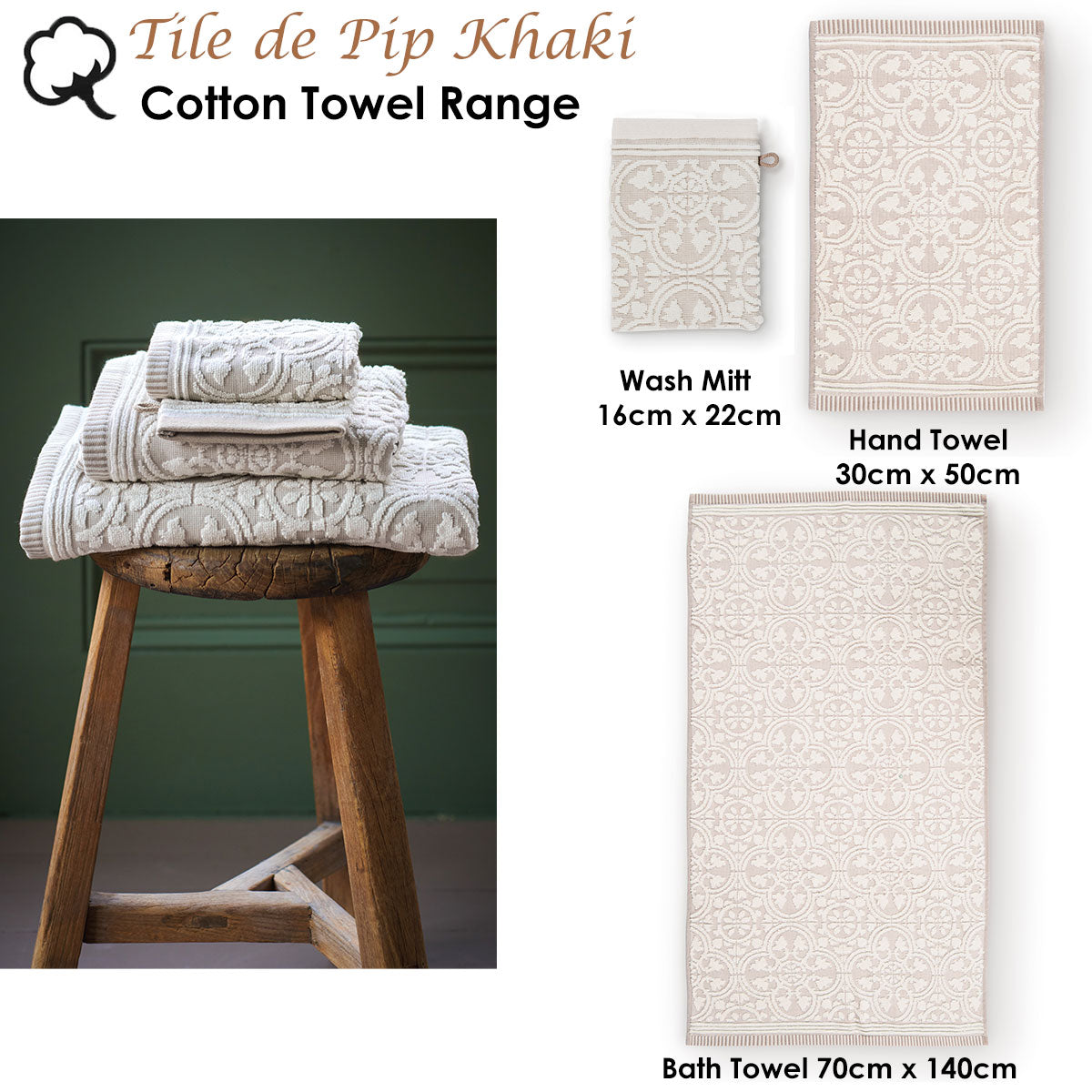 PIP Studio Tile de Pip Khaki Wash Mitt 16cm x 22cm, 500GSM, Quick-Drying - SuperSaverAU - view 2