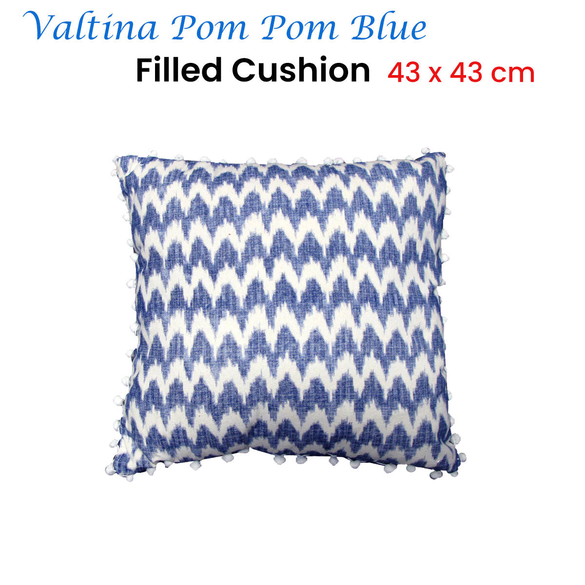 J.elliot Valtina Pom Pom Blue Filled Cushion 43 x 43 cm - Chevron Design - SuperSaverAU - view 2