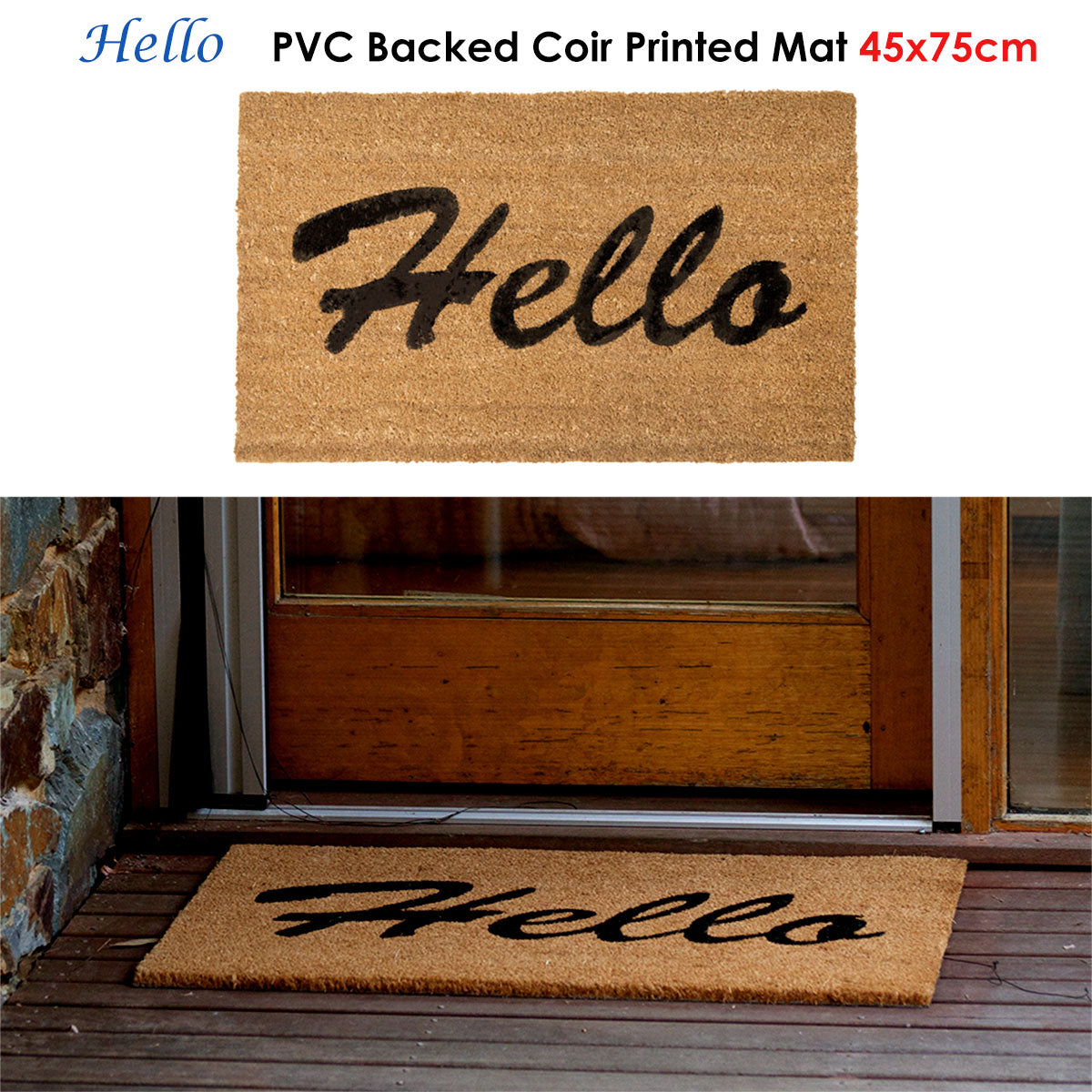 J Elliot Home Hello Coir Printed Door Mat 45x75cm - Textured Design - SuperSaverAU - view 1