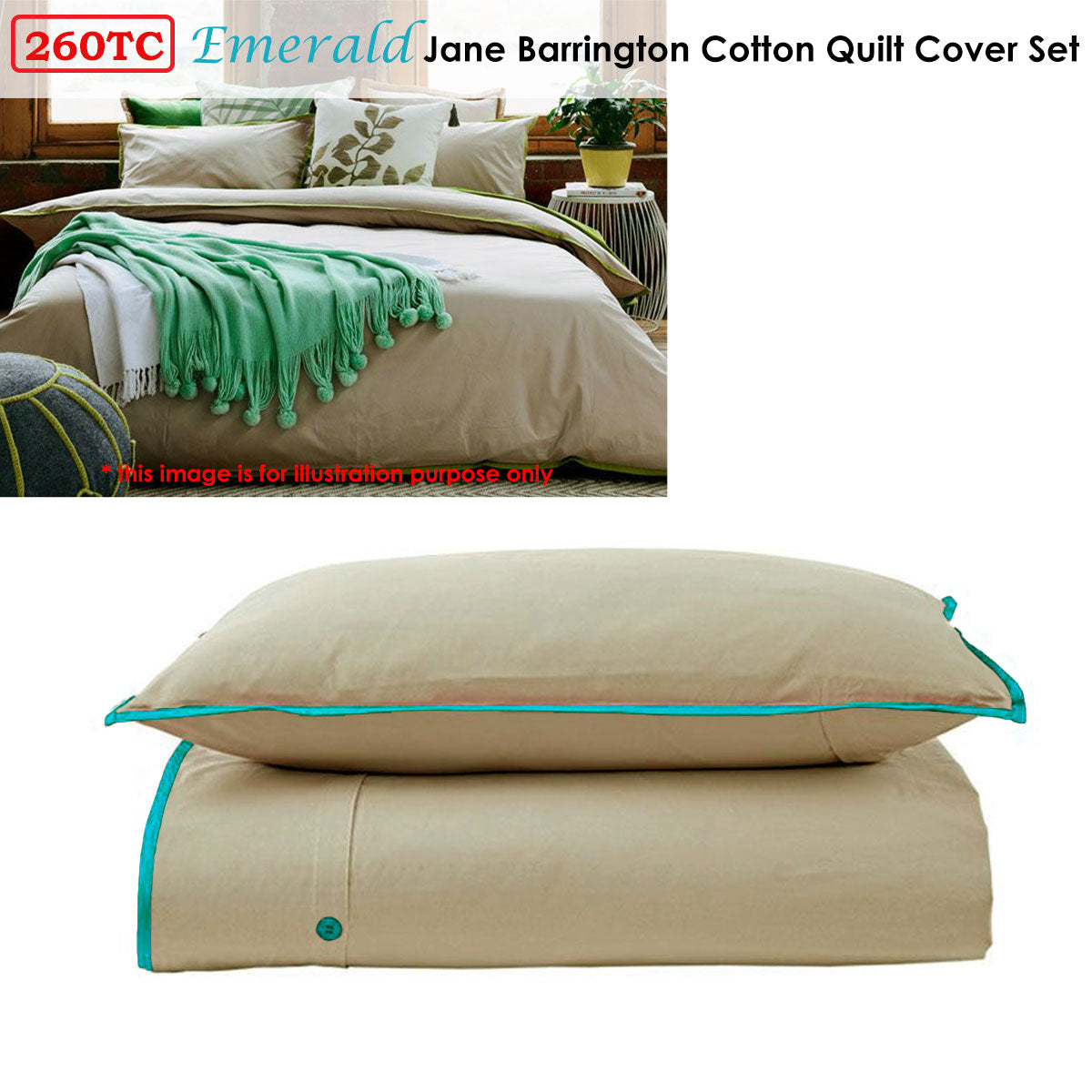 Jane Barrington 260TC Cotton Quilt Cover Set Taupe/Emerald Single - SuperSaverAU - view 2