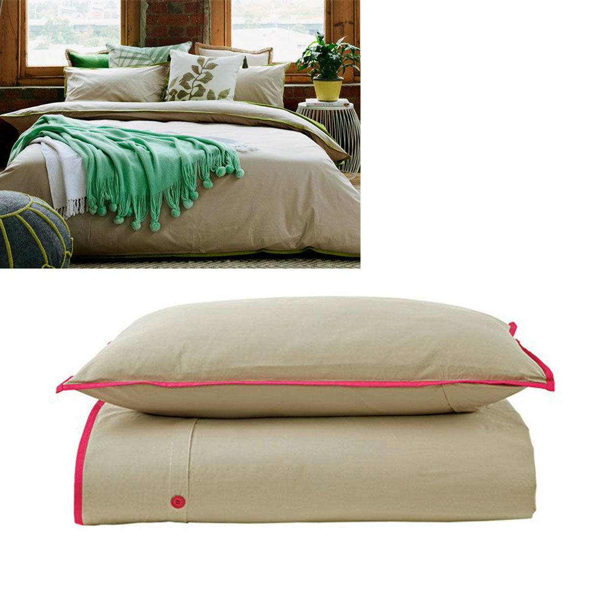 Jane Barrington 260TC 100% Cotton Quilt Cover Set Taupe/Hot Pink Queen - SuperSaverAU - view 1