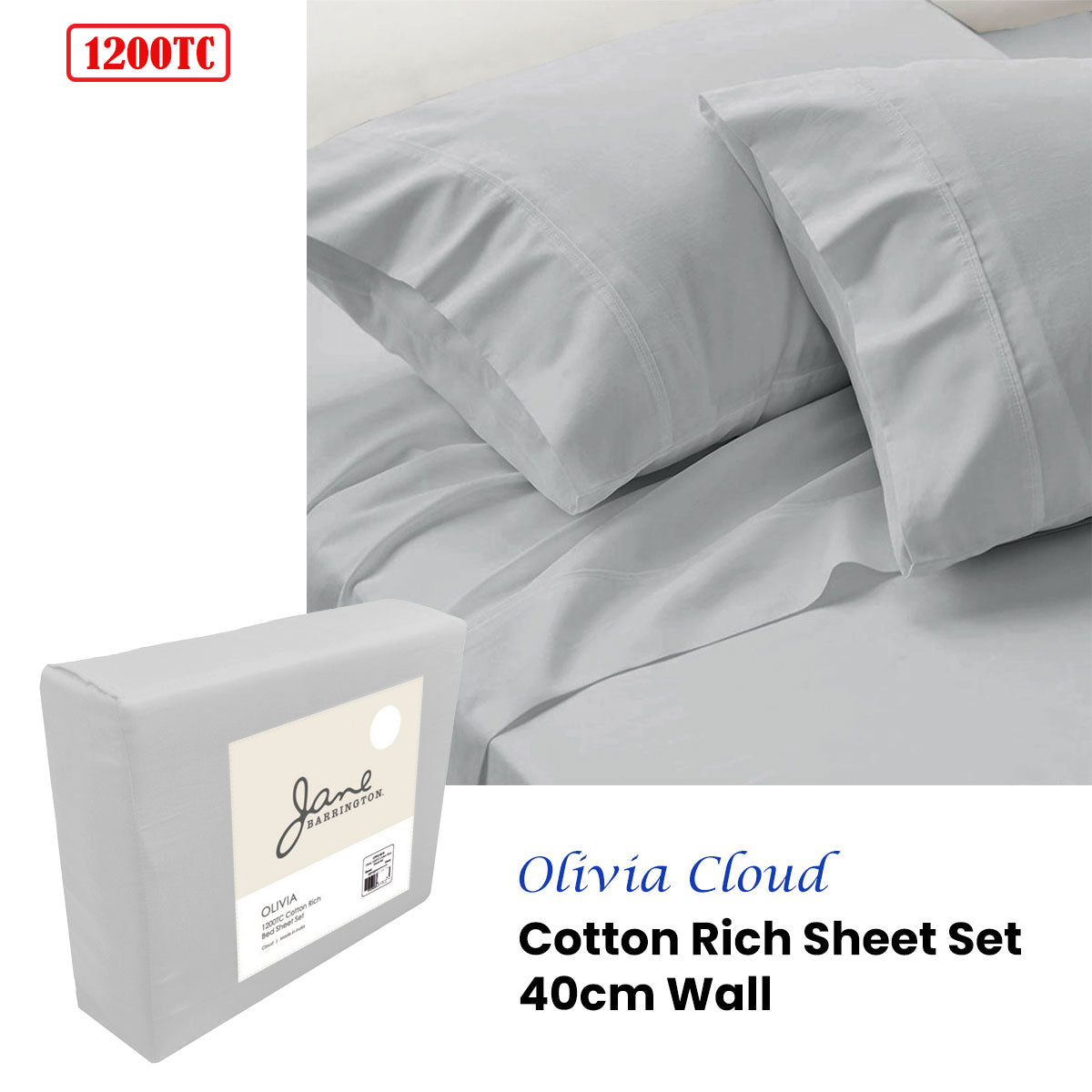 Jane Barrington 1200TC Cotton Rich Sheet Set 40cm Wall Cloud Silver King - SuperSaverAU - view 2