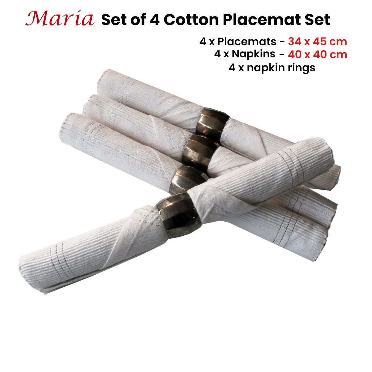 Maria Cotton Placemats Set of 4 with Napkins & Napkin Rings, White, Metallic Print - SuperSaverAU - view 2