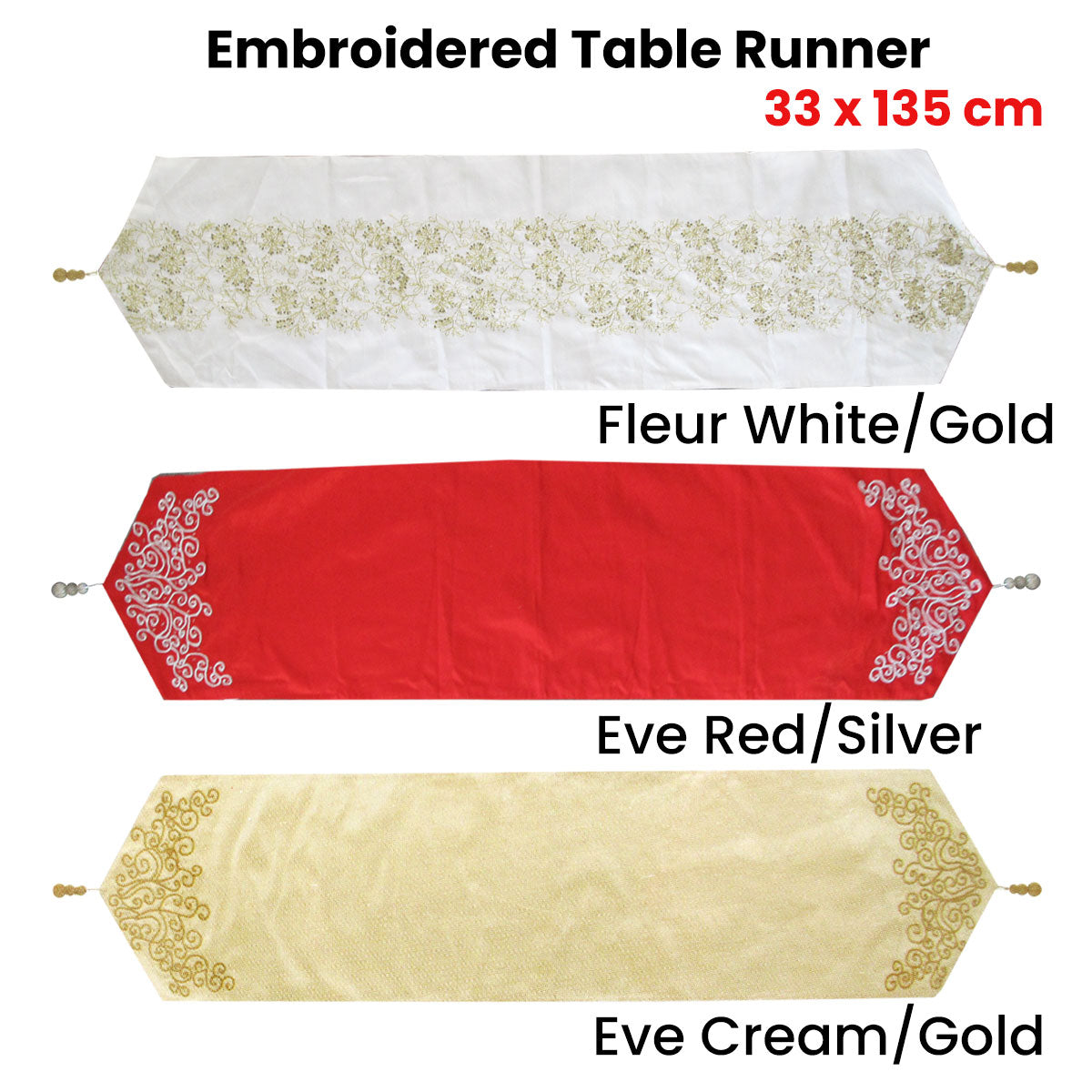 Embroidered Faux Silk Table Runner 33 x 135 cm Fleur White Gold - SuperSaverAU - view 1