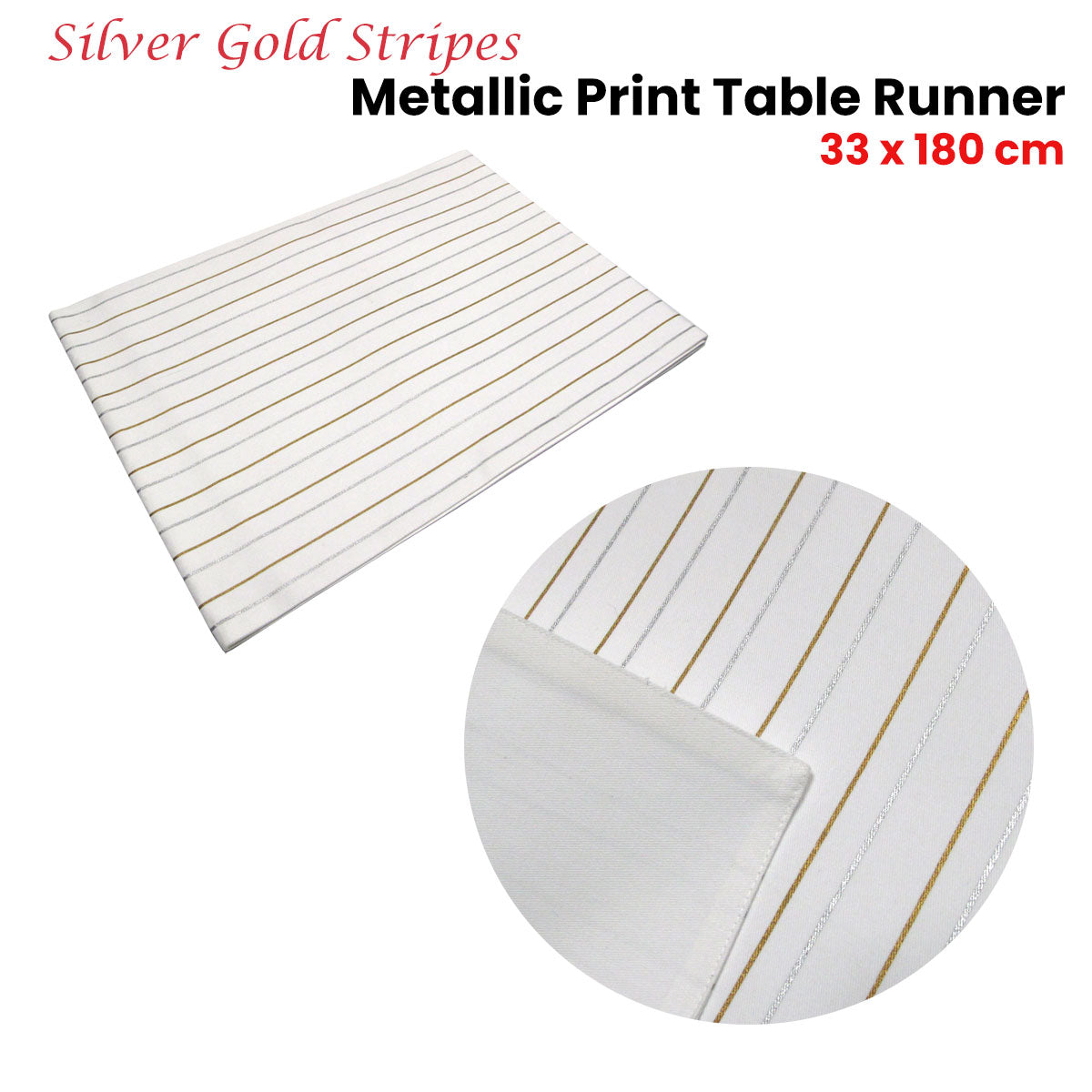 Silver Gold Stripes Cotton Metallic Print Table Runner 33 x 180 cm - SuperSaverAU - view 2