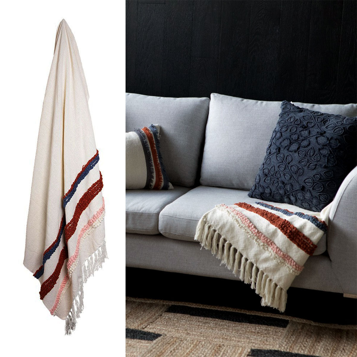 J.elliot Woven Throw Rug 125 x 150 cm - Indigo Coral Stripes with Tassels - SuperSaverAU - view 1