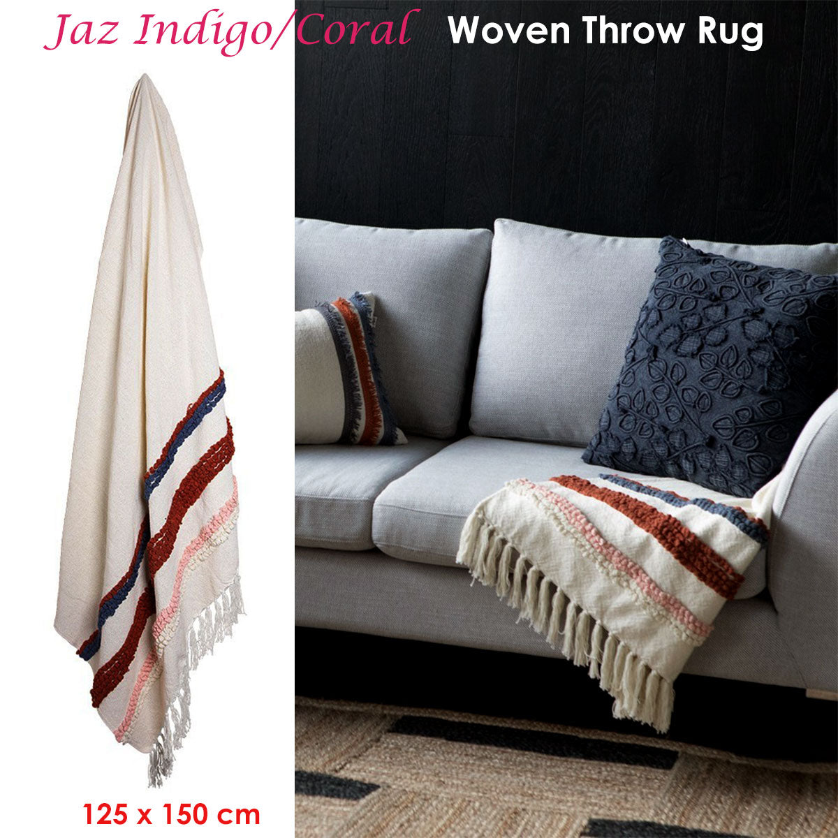 J.elliot Woven Throw Rug 125 x 150 cm - Indigo Coral Stripes with Tassels - SuperSaverAU - view 2