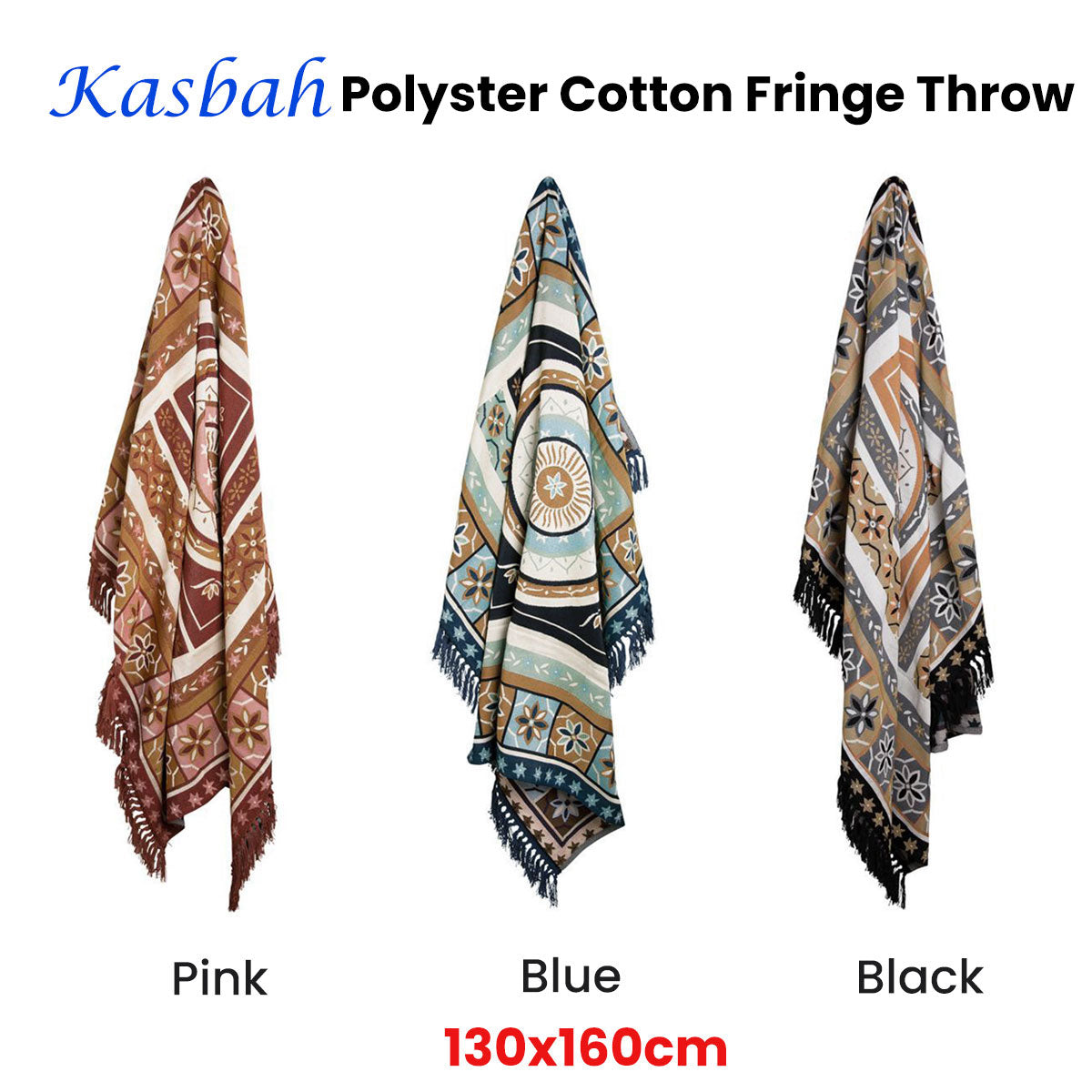 J Elliot Home Kasbah Luxury Fringe Throw 130 x 160cm Blue - Versatile Design - SuperSaverAU - view 2