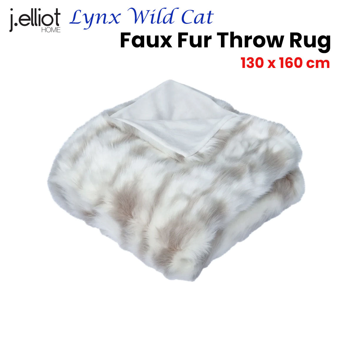 J Elliot Home Lynx Wild Cat Faux Fur Throw Rug 130 x 160cm - Ivory & Taupe - SuperSaverAU - view 2