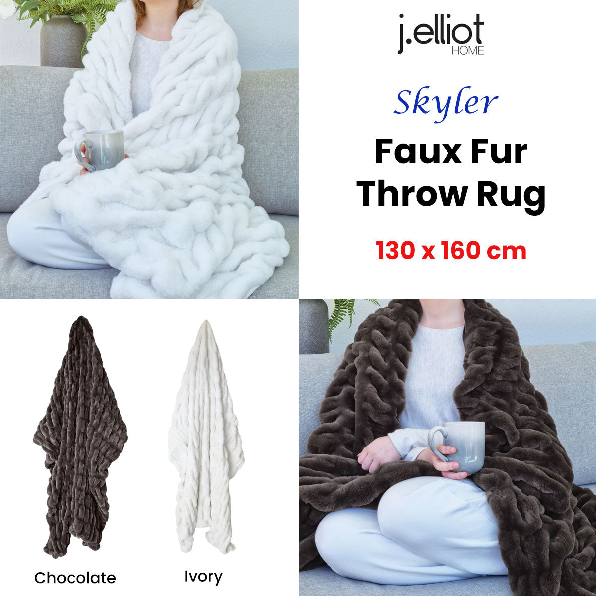 J Elliot Home Skyler Faux Fur Throw Rug 130 x 160cm - Chocolate, Machine Washable - SuperSaverAU - view 2