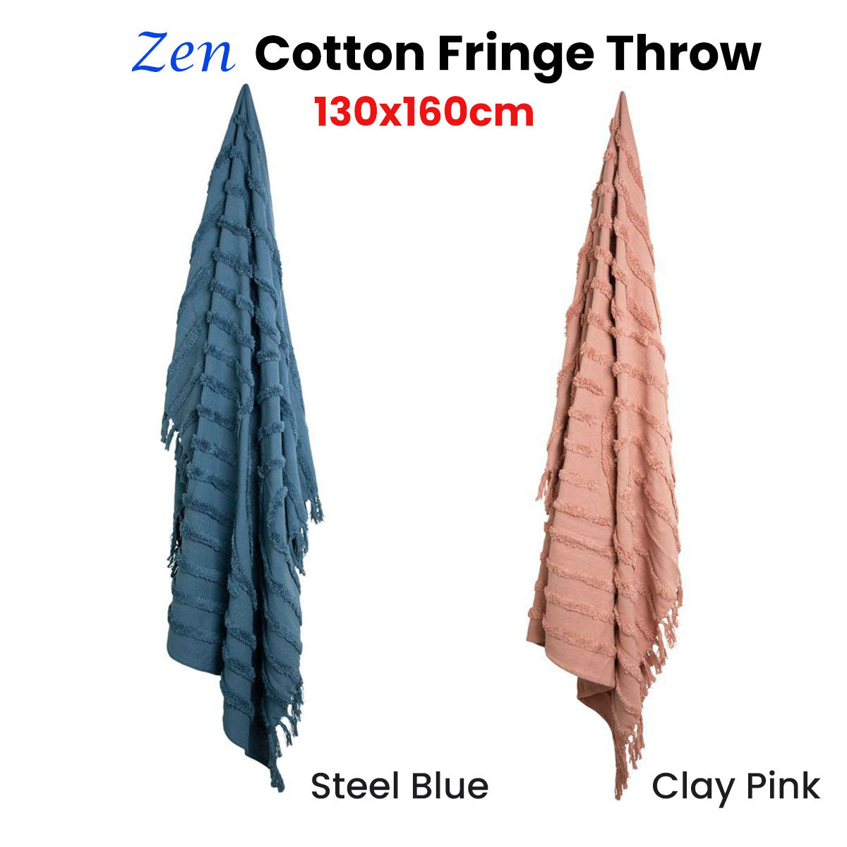 J Elliot Home Zen Luxury Fringe Throw 130 x 160cm 100% Cotton Steel Blue - SuperSaverAU - view 2