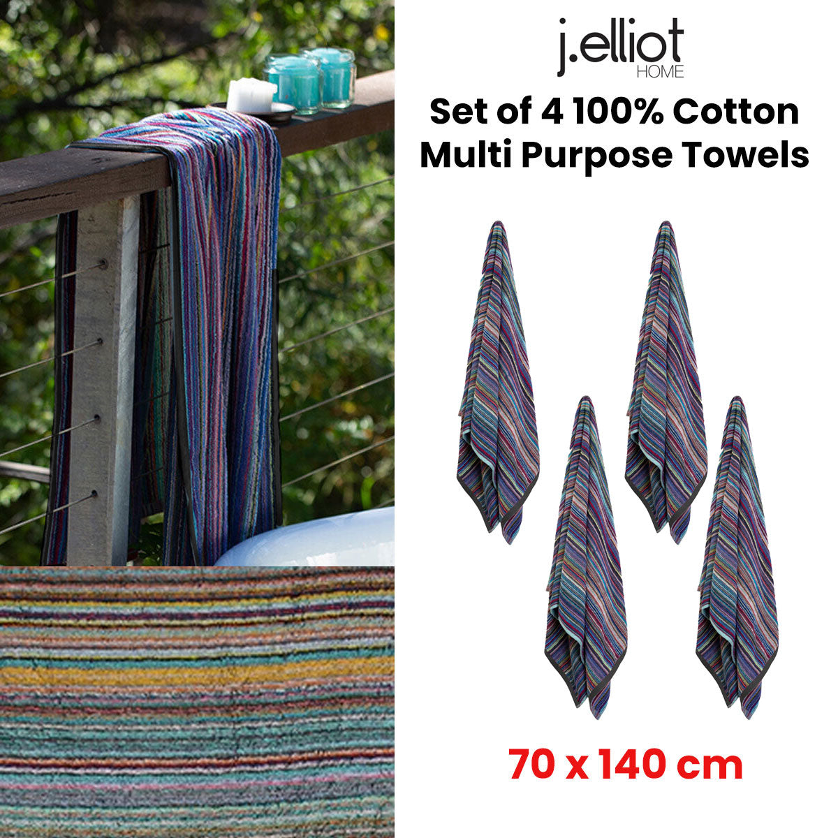 J Elliot Home Set of 4 100% Cotton Multi Purpose Towels 70 x 140 cm - Recycled - SuperSaverAU - view 2