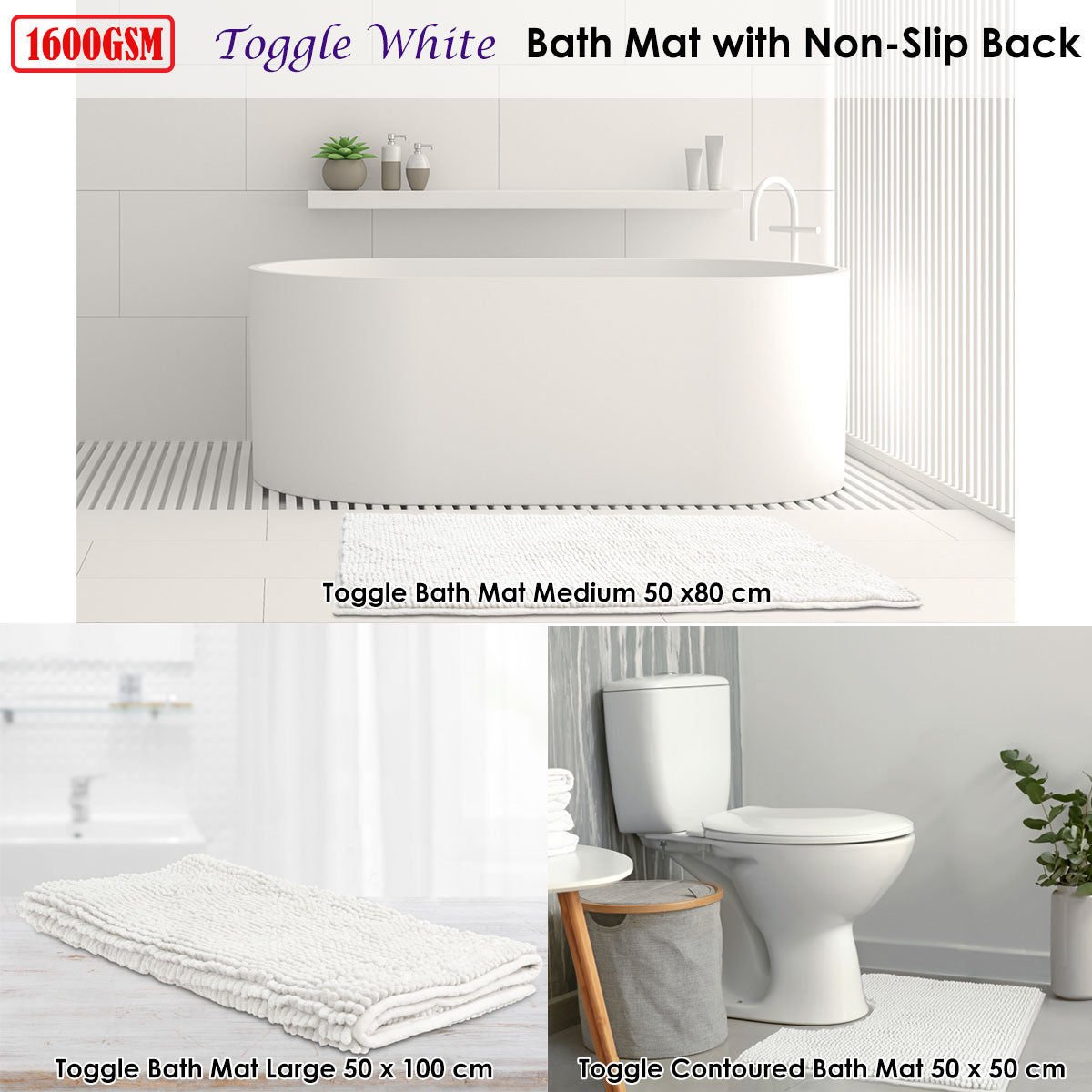 Toggle Microfiber Bath Mat 1600GSM Non-Slip Back White 50x80 cm - SuperSaverAU - view 1
