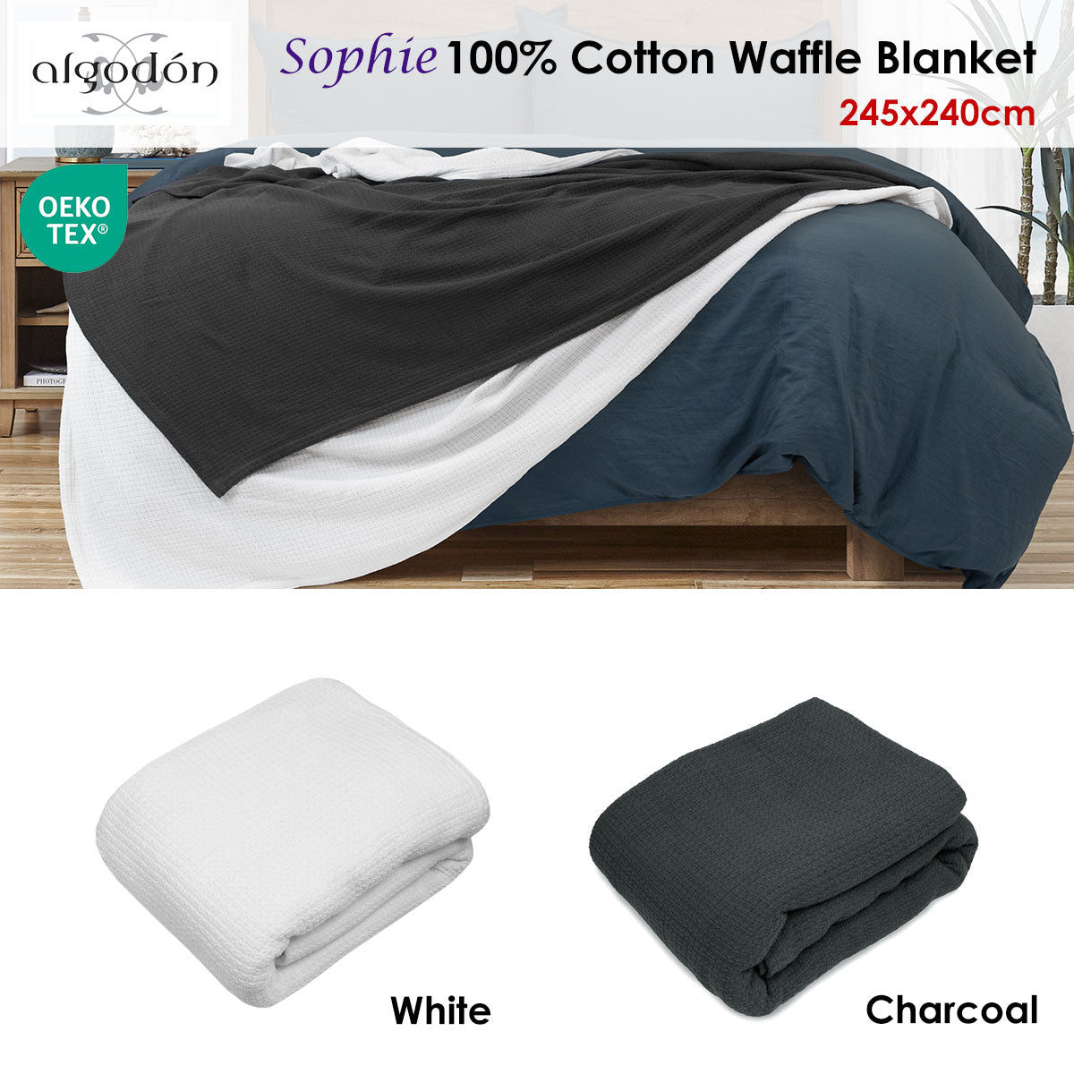 Algodon Sophie Cotton Waffle Blanket – Charcoal Queen 245 x 240cm